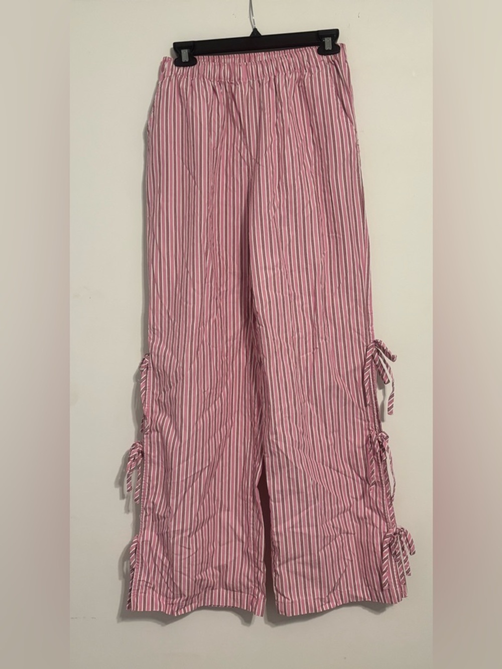 Pink and White Striped Wide-Leg Tie-Detail Pants